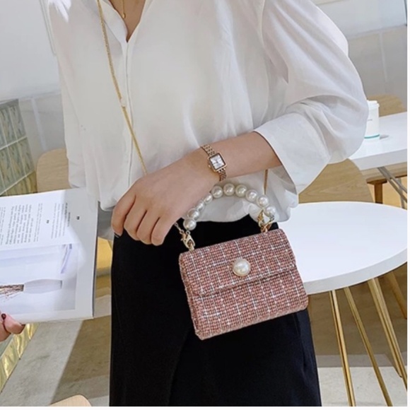 New Cherry Red Faux Pearls Fashion Tweed Mini Kelly Bag + crossbody strap gift - Picture 3 of 5
